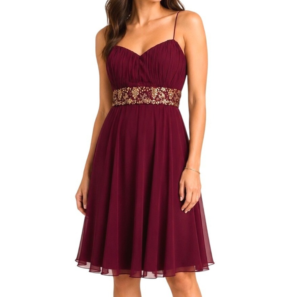 Rickie Freeman Teri Jon Women Burgundy Silk Beaded Empire Waist Mini Dress 12